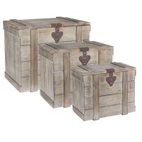 Household Essentials Antiqued Decorative Trunk, 3 Piece Set, Small, Medium And Large, Chinese Fir Panel And Mdf, Smooth Backing And Metal Hinge Accent, Flat Top And Stay-Open Lid