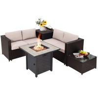 Tangkula 5-Piece Patio Furniture Set With 30 Inches Gas Fire Pit Table, Outdoor Wicker Conversation Sectional Sofa Set With Storage Box And Coffee Table, 50,000 Btu Propane Fire Pit Table (Beige)