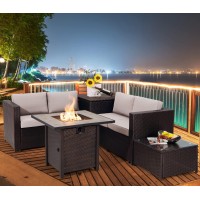 Tangkula 5-Piece Patio Furniture Set With 30 Inches Gas Fire Pit Table, Outdoor Wicker Conversation Sectional Sofa Set With Storage Box And Coffee Table, 50,000 Btu Propane Fire Pit Table (Beige)