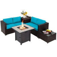 Tangkula 5-Piece Patio Furniture Set With 30 Inches Gas Fire Pit Table, Outdoor Wicker Conversation Sectional Sofa Set With Storage Box And Coffee Table, 50,000 Btu Propane Fire Pit Table (Turquoise)