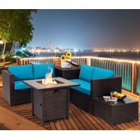 Tangkula 5-Piece Patio Furniture Set With 30 Inches Gas Fire Pit Table, Outdoor Wicker Conversation Sectional Sofa Set With Storage Box And Coffee Table, 50,000 Btu Propane Fire Pit Table (Turquoise)