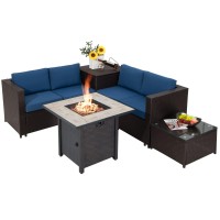 Tangkula 5-Piece Patio Furniture Set With 30 Inches Gas Fire Pit Table, Outdoor Wicker Conversation Sectional Sofa Set With Storage Box And Coffee Table, 50,000 Btu Propane Fire Pit Table (Navy)