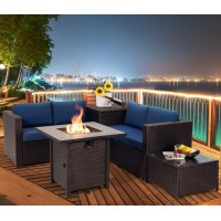 Tangkula 5-Piece Patio Furniture Set With 30 Inches Gas Fire Pit Table, Outdoor Wicker Conversation Sectional Sofa Set With Storage Box And Coffee Table, 50,000 Btu Propane Fire Pit Table (Navy)