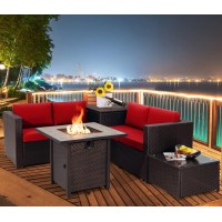 Tangkula 5-Piece Patio Furniture Set With 30 Inches Gas Fire Pit Table, Outdoor Wicker Conversation Sectional Sofa Set With Storage Box And Coffee Table, 50,000 Btu Propane Fire Pit Table (Red)