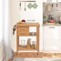 Gorelax Bamboo Kitchen Island On Wheels, Lockable Rolling Kitchen Cart With 2 Storage Drawers & Open Shelf, Wood Utility Butcher Block Island With Towel Rack