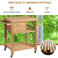 Gorelax Bamboo Kitchen Island On Wheels, Lockable Rolling Kitchen Cart With 2 Storage Drawers & Open Shelf, Wood Utility Butcher Block Island With Towel Rack