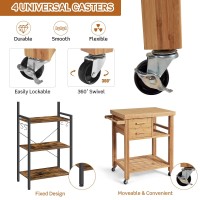 Gorelax Bamboo Kitchen Island On Wheels, Lockable Rolling Kitchen Cart With 2 Storage Drawers & Open Shelf, Wood Utility Butcher Block Island With Towel Rack