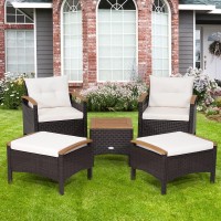 Happygrill 5 Pieces Patio Furniture Set Outdoor Pe Wicker Lounge Chair And Ottoman Set With Cushions And Side Table With Acacia Wood Tabletop, Outdoor Conversation Set For Garden Poolside Backyard