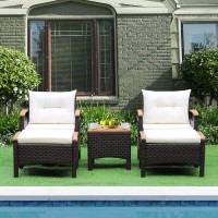 Happygrill 5 Pieces Patio Furniture Set Outdoor Pe Wicker Lounge Chair And Ottoman Set With Cushions And Side Table With Acacia Wood Tabletop, Outdoor Conversation Set For Garden Poolside Backyard