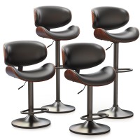 Yafiti Bar Stools Set Of 4 Bentwood Adjustable Height Swivel Bar Stools Pu Leather Upholstered Bar Chair With Back And Footres