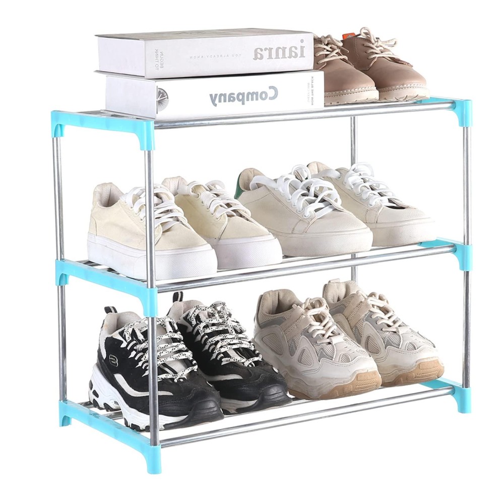 Fouews Small Shoe Rack Narrow Stackable Shoe Shelf Organizer For Entryway Doorway And Bedroom Closet 3Tier Blue