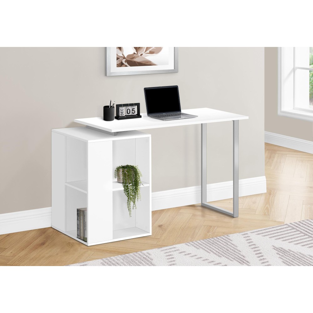 Computer Desk Home Office Left Right Setup Storage Shelves 55L Work Laptop White Laminate Grey Metal Contemporary M