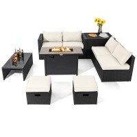 Tangkula 9 Pieces Outdoor Wicker Sectional Sofa With 42??60,000 Btu Gas Fire Pit Table, Space-Saving Patio Conversation Set With Storage Box, Propane Fire Table, Waterproof Cover Included (Off White)