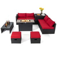 Tangkula 9 Pieces Outdoor Wicker Sectional Sofa With 42??60,000 Btu Gas Fire Pit Table, Space-Saving Patio Conversation Set With Storage Box, Propane Fire Table, Waterproof Cover Included (Red)