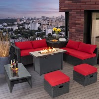 Tangkula 9 Pieces Outdoor Wicker Sectional Sofa With 42??60,000 Btu Gas Fire Pit Table, Space-Saving Patio Conversation Set With Storage Box, Propane Fire Table, Waterproof Cover Included (Red)