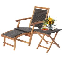 Relax4Life Patio Lounge Chair Set - Outdoor Acacia Wood Chaise Lounge W/Side Table, Armrest & Retractable Ottoman, Rattan Seat, Tabletop, Quick Folding Sunbathing Chair For Backyard, Poolside (1)