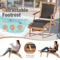 Relax4Life Patio Lounge Chair Set - Outdoor Acacia Wood Chaise Lounge W/Side Table, Armrest & Retractable Ottoman, Rattan Seat, Tabletop, Quick Folding Sunbathing Chair For Backyard, Poolside (1)