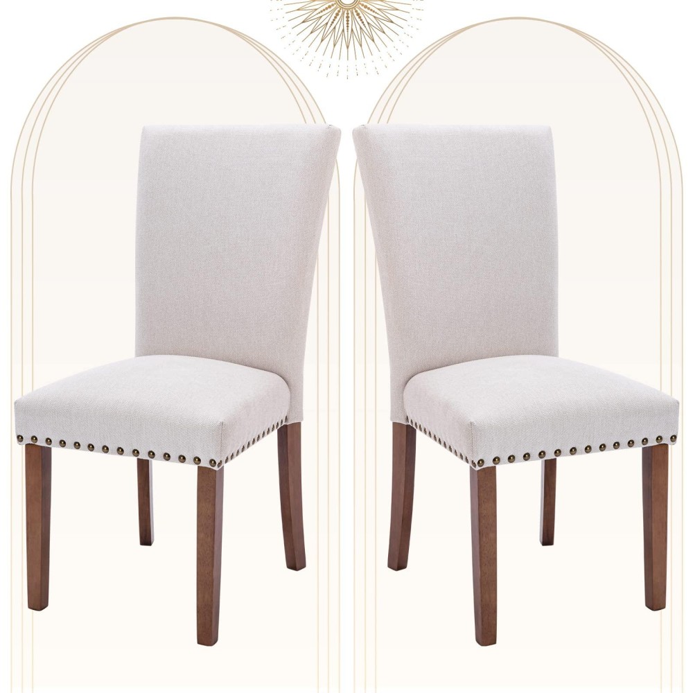 Upholstered Fabric Dining Chairs Set Of 2, Parsons Dining Room Kitchen Side Chair With Nailhead Trim And Wood Legs - Brown