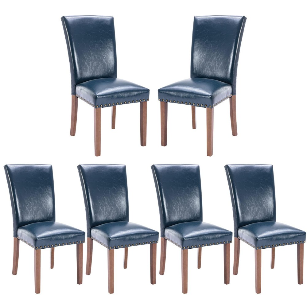 Pu Leather Dining Chairs Set Of 6, Upholstered Parsons Dining Room Kitchen Side Chair With Nailhead Trim And Wood Legs - Blue