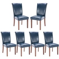 Pu Leather Dining Chairs Set Of 6, Upholstered Parsons Dining Room Kitchen Side Chair With Nailhead Trim And Wood Legs - Blue