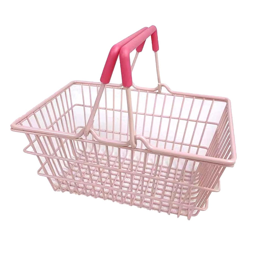 Cyrank Mini Pink Shopping Basket For Kids, Portable Iron Storage Basket With Handles, Good Decoration For Home