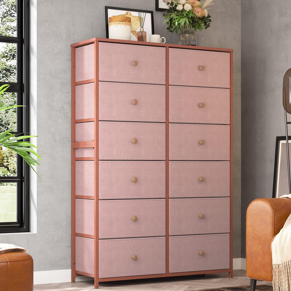 Enhomee Pink Dresser For Bedroom With 12 Drawers, Tall Dressers For Girls Bedroom With Wood Top Metal Frame, Dresser & Chest Of Drawers For Bedroom, Closets, Nursery, Pink, 11.9