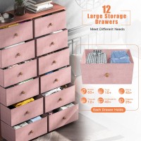 Enhomee Pink Dresser For Bedroom With 12 Drawers, Tall Dressers For Girls Bedroom With Wood Top Metal Frame, Dresser & Chest Of Drawers For Bedroom, Closets, Nursery, Pink, 11.9