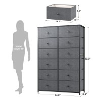 Enhomee Dresser For Bedroom With 12 Drawers, Tall Dressers For Bedroom With Wooden Top And Metal Frame, Dressers & Chest Of Drawers For Bedroom, Closet, Living Room, Gray, 11.9