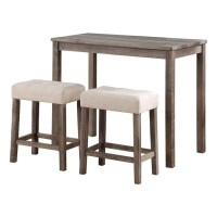 Lux Brown Finish Wood 3 Pc 36 Pub Table Set with creamy White Linen Stools