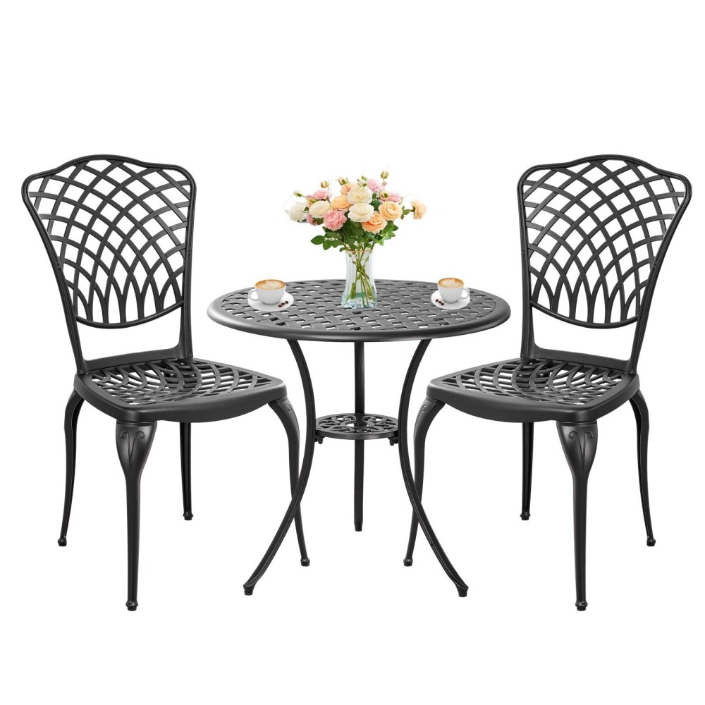 Withniture Black Cast Aluminum Bistro Set 3 Piece Outdoor Small Patio Table And Chairs With Umbrella Hole Outdoor Bistro Set For