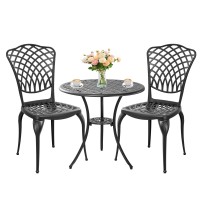 Withniture Black Cast Aluminum Bistro Set 3 Piece Outdoor Small Patio Table And Chairs With Umbrella Hole Outdoor Bistro Set For