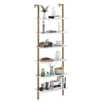 Wolawu Ladder Shelf 6 Tiers Marble White Modern Bookshelf Open Tall Wall Mount Bookcase Standing Leaning Wall Shelves Industrial Decorative Living Room Bed Room