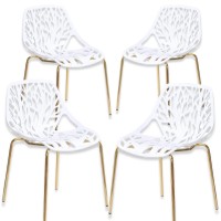 Pozbee Modern White Dining Chairs Set Of 4, Birch Sapling Style Chairs For Dining Room, Hotels, Restaurants Indoor Outdoor, Elegant Kitchen Chairs With Gold Legs (4, White)