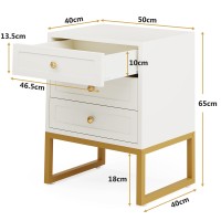 Tribesigns Nightstands, Modern Nightstand With 3 Drawers, Wood Bed Side Table For Bedroom, Large Side End Table With Storage, Tall White Gold Night Stand With Gold Metal Legs For Living Room