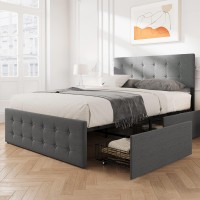 Alkmaar Upholstered Full Size Platform Bed Frame With 4 Storage Drawers,Grey, Headboard And Wooden Slats Support,No Box Spring Needed (Full)
