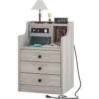 Tiptiper Nightstand With Charging Station Grey Night Stands With Hutch 3 Drawers Bedroom End Table Bedside Table With 2 Usb Po