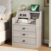 Tiptiper Nightstand With Charging Station Grey Night Stands With Hutch 3 Drawers Bedroom End Table Bedside Table With 2 Usb Po