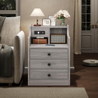 Tiptiper Nightstand With Charging Station Grey Night Stands With Hutch 3 Drawers Bedroom End Table Bedside Table With 2 Usb Po