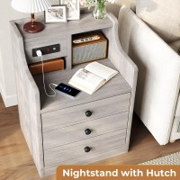 Tiptiper Nightstand With Charging Station Grey Night Stands With Hutch 3 Drawers Bedroom End Table Bedside Table With 2 Usb Po