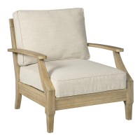 Signature Design By Ashley Clare View Outdoor Eucalyptus Wood Single Cushioned Lounge Chair, Beige & Signature Design By Ashley Barn Cove Outdoor Eucalyptus Patio Coffee Table, Brown