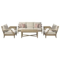 Signature Design By Ashley Clare View Outdoor Eucalyptus Wood Single Cushioned Lounge Chair, Beige & Signature Design By Ashley Barn Cove Outdoor Eucalyptus Patio Coffee Table, Brown