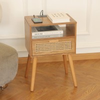 Maxsmeo Mid Century Modern Nightstand With Charging Station Bedside Tables With Rattan Drawer Small Wood Nightstand Side Table