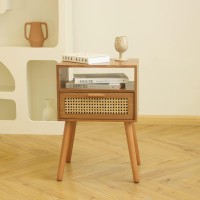 Maxsmeo Mid Century Modern Nightstand With Charging Station Bedside Tables With Rattan Drawer Small Wood Nightstand Side Table