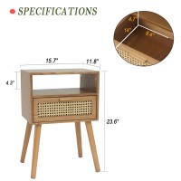 Maxsmeo Mid Century Modern Nightstand With Charging Station Bedside Tables With Rattan Drawer Small Wood Nightstand Side Table