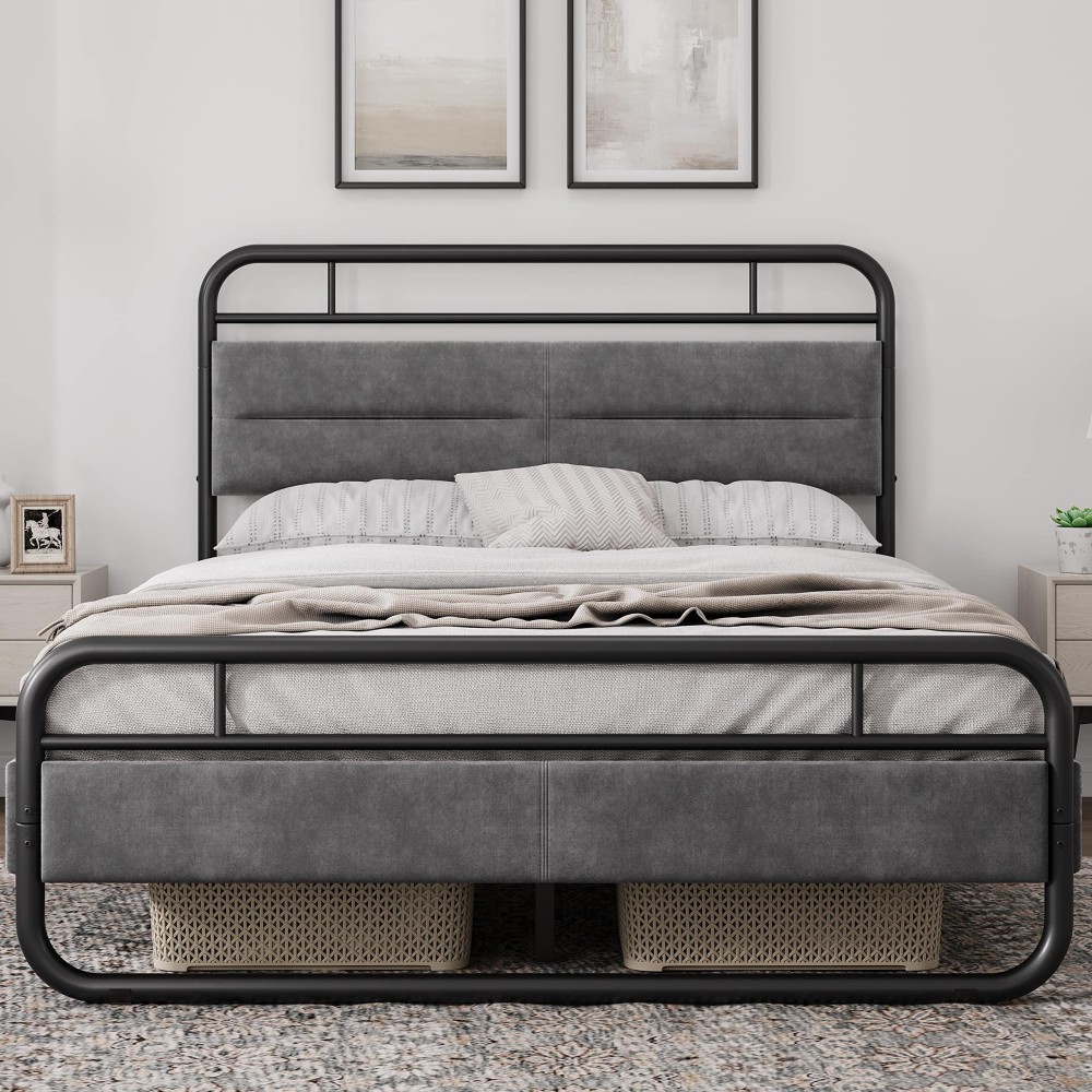 Yaheetech Queen Bed Frame Heavy Duty Metal Bed With Curved Upholstered Headboard, 8.7 Inch Under-Bed Storage/Steel Slats Support/Noise Free/No Box Spring Needed/Easy Assembly/Dark Grey Queen Bed