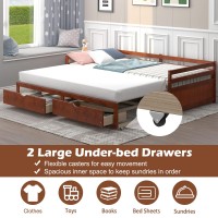 Dortala Twin To King Daybed With Trundle And 2 Storage Drawers, Modern Extendable Daybed With Pull Out Bed Twin, Dual-Use Sofa Bed For Bedroom, Guest Room, Living Room, No Box Spring Required, Brown