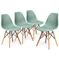 Kotek Set Of 4 Dining Chairs, Dsw Molded Shell Plastic Side Chairs With Mesh Design, Solid Wood Legs, Mid-Century Modern Armless Side Chairs For Kitchen, Dining Room, Living Room (Green)