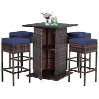 Tangkula 5 Piece Outdoor Rattan Bar Set, Patio Bar Furniture With 4 Cushions Stools And Smooth Top Table With Hidden Storage Shelf, Outdoor Conversation Set For Poolside, Backyard, Lawn (Navy Blue)