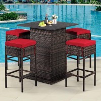 Tangkula 5 Piece Outdoor Rattan Bar Set, Patio Bar Furniture With 4 Cushions Stools And Smooth Top Table With Hidden Storage Shelf, Outdoor Conversation Set For Poolside, Backyard, Lawn (Red)