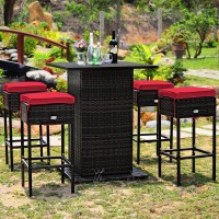 Tangkula 5 Piece Outdoor Rattan Bar Set, Patio Bar Furniture With 4 Cushions Stools And Smooth Top Table With Hidden Storage Shelf, Outdoor Conversation Set For Poolside, Backyard, Lawn (Red)